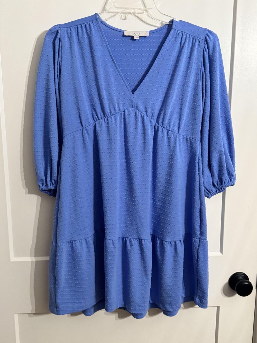 LOFT Dress 0 Blue Swiss Dot V Neck Swing Short Tiered 3/4 Sleeve milk maid